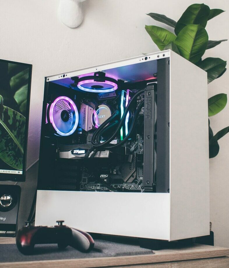 black and purple computer tower